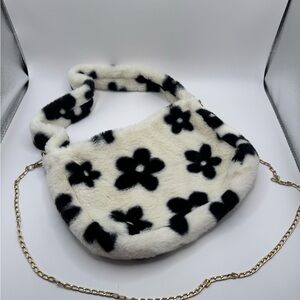 Faux Fur Daisy Shoulder Bag - White & Black